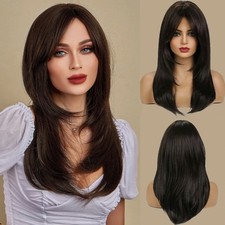 Dark Brown Hair Wigs With Bangs for Women Long Layered for Party Daily Wig