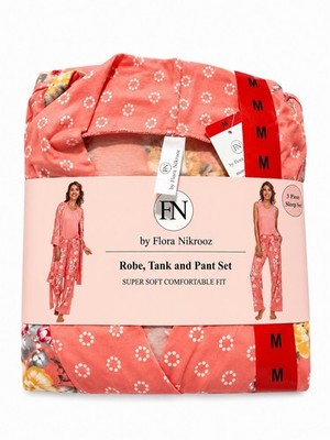 Flora Nikrooz 3-Piece Pajama Set Robe Tank Top Pants Pink Floral Size M 