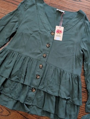 NWT Entro Button Front Ruffled Tiered Olive Green L/S Top Boho Peasant Sz S 