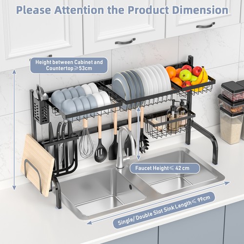 Dish Drying Rack Over Sink Drainer Cup Plate Holder w/8 Hooks Kitchen Organizer - Picture 4 of 9
