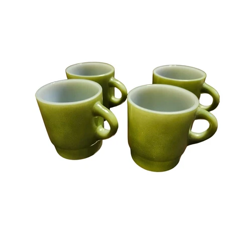 Vintage Green Fire-King Stackable C handle Glass Mugs Set Of 4