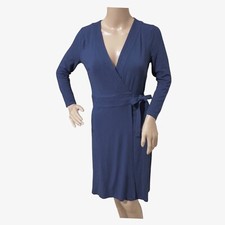 Ann Taylor Womens Full Wrap Dress Size 0 Navy Blue 3/4 Sleeves Career Stretch