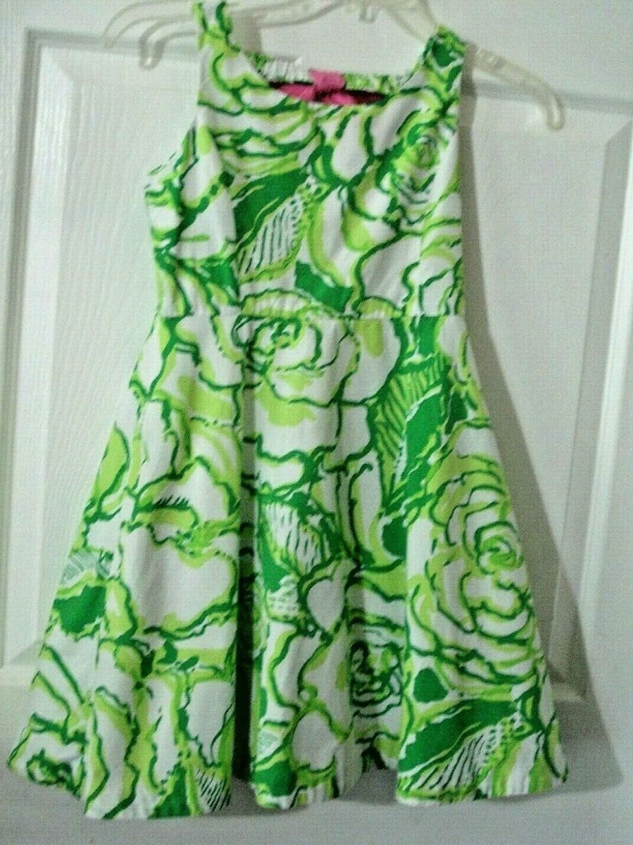 Lilly Pulitzer Girls Green White Floral Kaya Dress Pink Bow Size 10 Lilly Pulitzer Girls Green White Floral Kaya Dress Pink Bow Size 10
