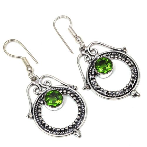 Peridot Quartz Gemstone Handmade Silver Jewelry Earrings 1.5'' - Picture 2 of 7