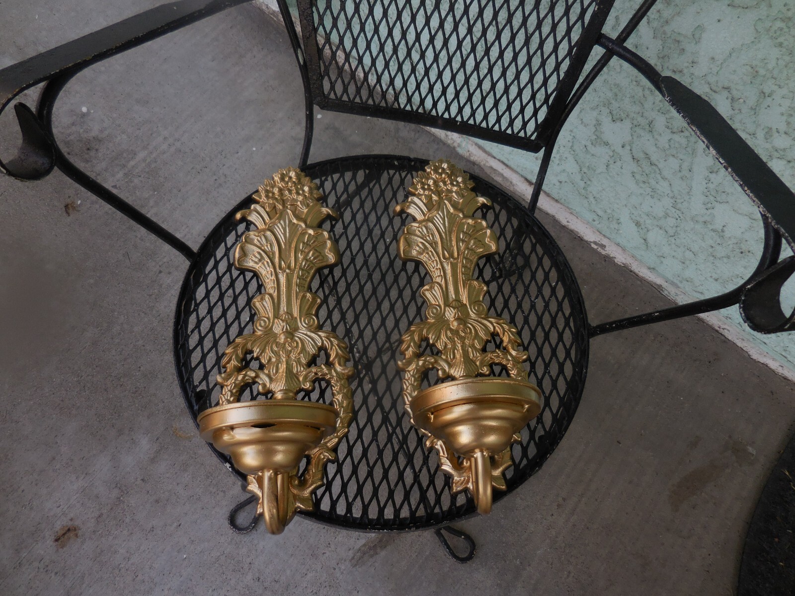 Vintage Pair Ornate Gold Tone Metal Wall Sconces/Candle Holders/Votive