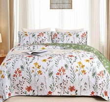 Quilt Set King Size 3 Pcs, White Floral Green Red Yellow Flower Leaf Spring Beds