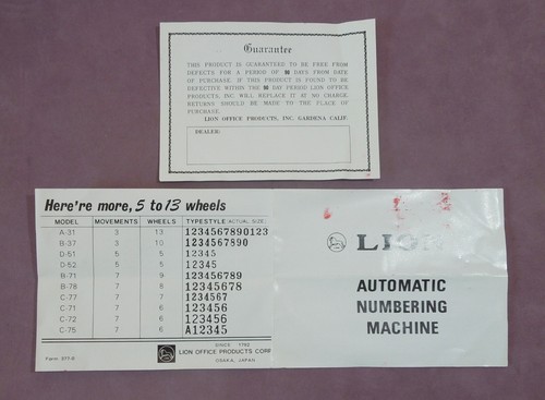 LION JAPAN VINTAGE AUTO NUMBERING MACHINE MODEL C-71 CHROME INK PRICER w/ BOX - Picture 7 of 12