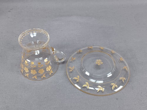 Set of 3 Moser Bohemian Gold Intaglio Engraved Pedestal Punch Cups & Saucers - Picture 5 of 10