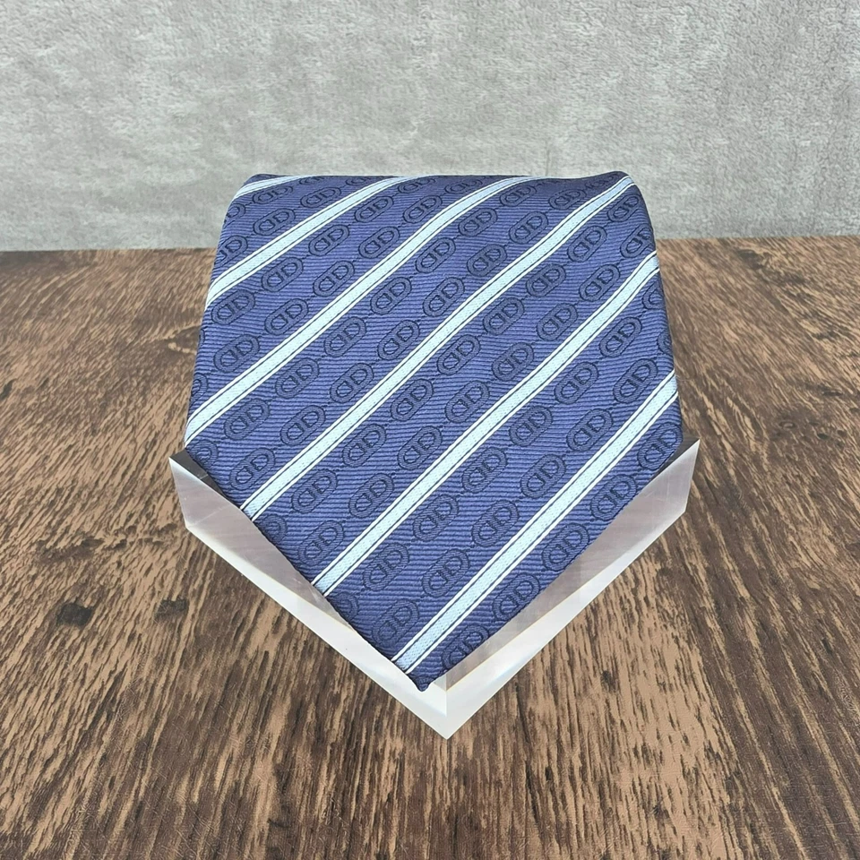 Celine Neck Tie 100% Silk Blue Striped Chain Designer Italian Quality Corpcore - Image 3 of 4