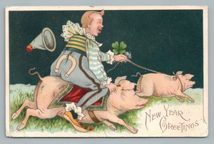 Harlequin-Clown-Riding-Pigs-Antique-Tucks-8060-Fantasy-New-Years-Postcard-1905
