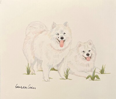 Samoyed Original Watercolor by Sandra Coen Pair in Grass