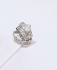 Authentic 2.10Ct Lab Created Diamond 3pcs Trio Ring Set 14K White Gold Plated His & Her