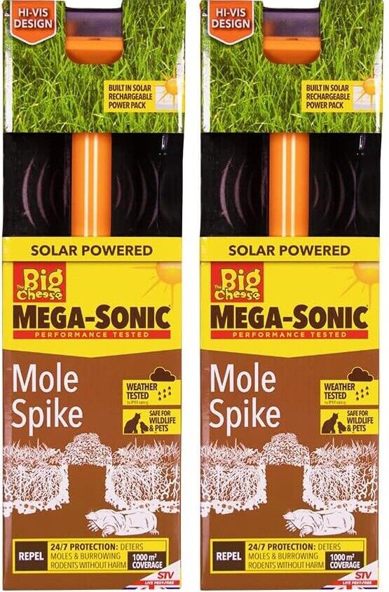 2x The Big Cheese Mega-Sonic Solar Powered Mole Spike Deterrer Repel STV757