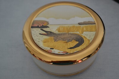 VINTAGE Rare Boxed Chokin Covered Box Gold Edged Crocodile trinket porcelain box