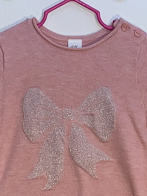 H&M Toddler Girl 18M-2T Sweater Mauve Long Sleeve Silver Bow Front Cotton Blend - Image 3 of 4