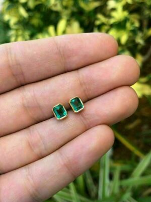 Ct Emerald Cut Green Emerald Bezel Set Stud Earrings 14k