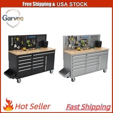 61 Inch Mobile Workstation, 10 Drawer Tool Chest, Power Strip, Rubber Wood Top