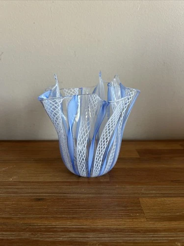 Vintage Fulvio Bianconi Style Venini Murano Fazzoletto Latticino Art Glass Vase