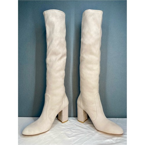 Stuart Weitzman Designer Cream Knee-High Block Heel Boots