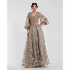 Mac Duggal 20283 Embellished Plunge Neck Puff Sleeve A-Line Gown Mocha 4
