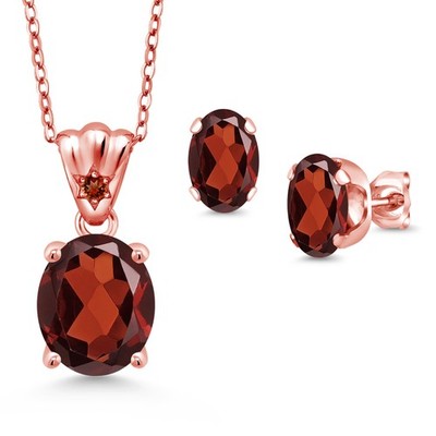 18K Rose Gold Plated Silver Garnet Pendant and Earrings Jewelry Set For Women