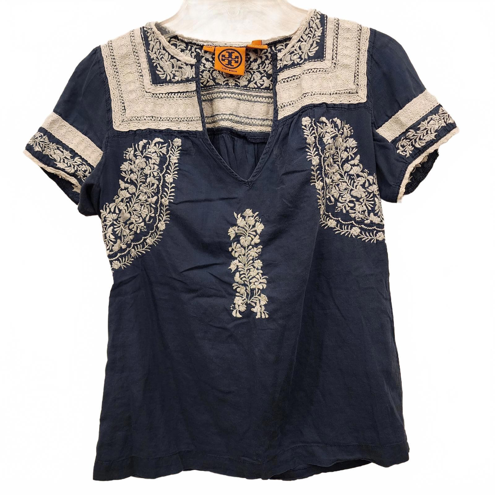 Tory Burch Blue Embroidered Cotton Blouse with white floral SIZE 2