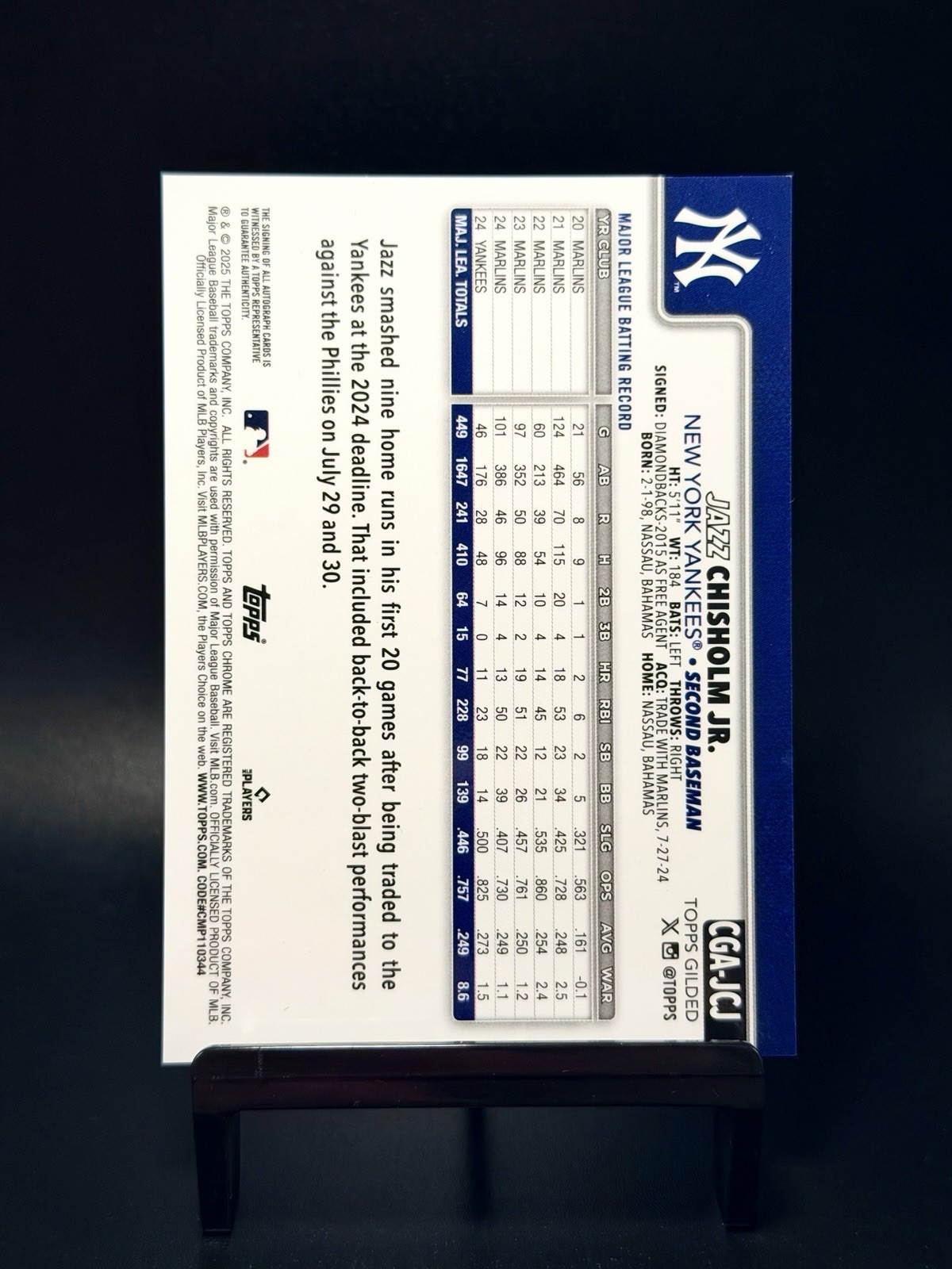 2025 Topps Chrome Gilded Collection #CGA-JCJ Jazz Chisholm AUTO BLUE /50 Yankees view 2