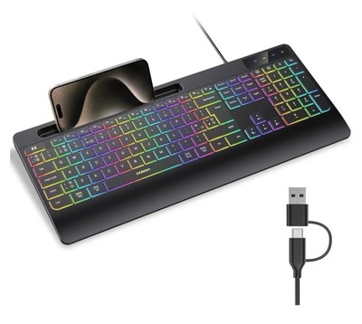 RGB Tastatur mit Hintergrundbeleuchtung und Handyhalter für Windows Mac OS Systeme USB und Typ C