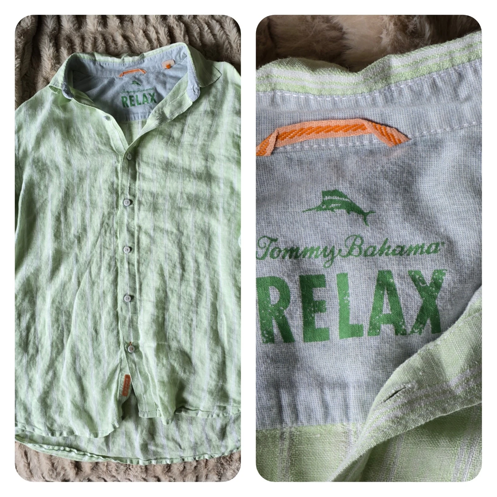 Tommy Bahama Relax Linen Shirt Men's Size Large Green White Striped Long Sleeve