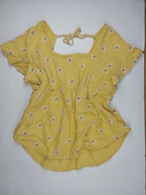 Floral Yellow Peasant Blouse with Tie Detail Large Maternity Top Summer Shirt
