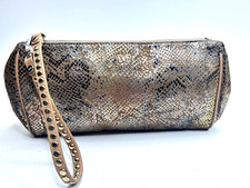 Diane Von Furstenberg Arabella Gold Snakeskin Wristlet Clutch w/Studded Strap