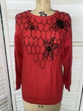 VTG Dana Scott Long Sleeve Sweater With Beaded Sequin, Women's Med Red/ Black