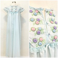 Vintage Maxi Dress Nightgown Blue Eyelet Lace Floral Prairie Cottage Large L