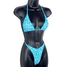 New Small Blue Animal Print Leopard Adjustable Triangle Hi Cut Bikini Swimsuit
