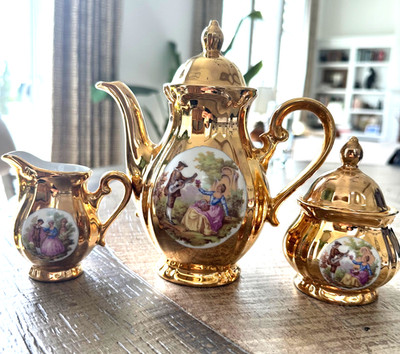 Vintage Gold Teapot Cream Sugar Set Bavaria Rococo inspired courting Scene 