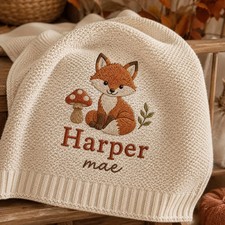 Personalized Fox Baby Blanket Custom Embroidered Woodland Fall Keepsake
