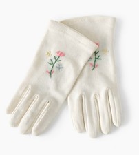 Vintage Girls  White Cotton Dress Gloves With Floral Embroidery, 6  