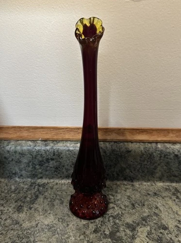 Vintage Fenton Amberina Hobnail swung glass bud vase