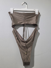 Fashion Nova Women's Cutout Bodysuit Adjustable Drawstring Taupe Size M