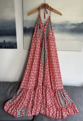 Art Silk boho Maxi Halter oversized Dress Made In India/ Size L red floral print
