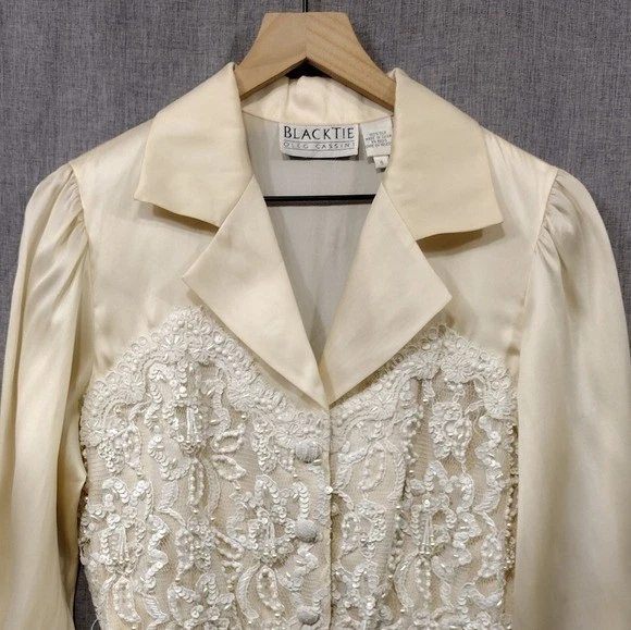 复古 Blacktie Oleg 卡西尼 100% 真丝花边花卉紧身衣女式 S 奶油波西米亚 — 第 2/4 张图片