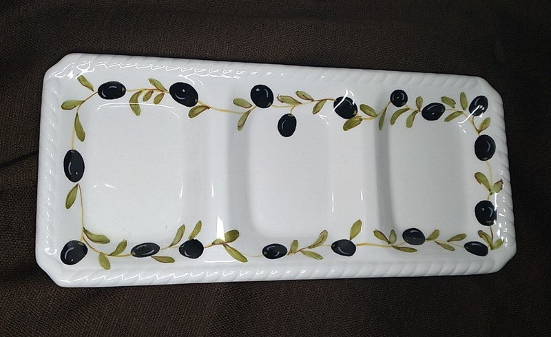 Capriware Divided Relish Dish 3 Part  White with hand painted Black OlivesClear