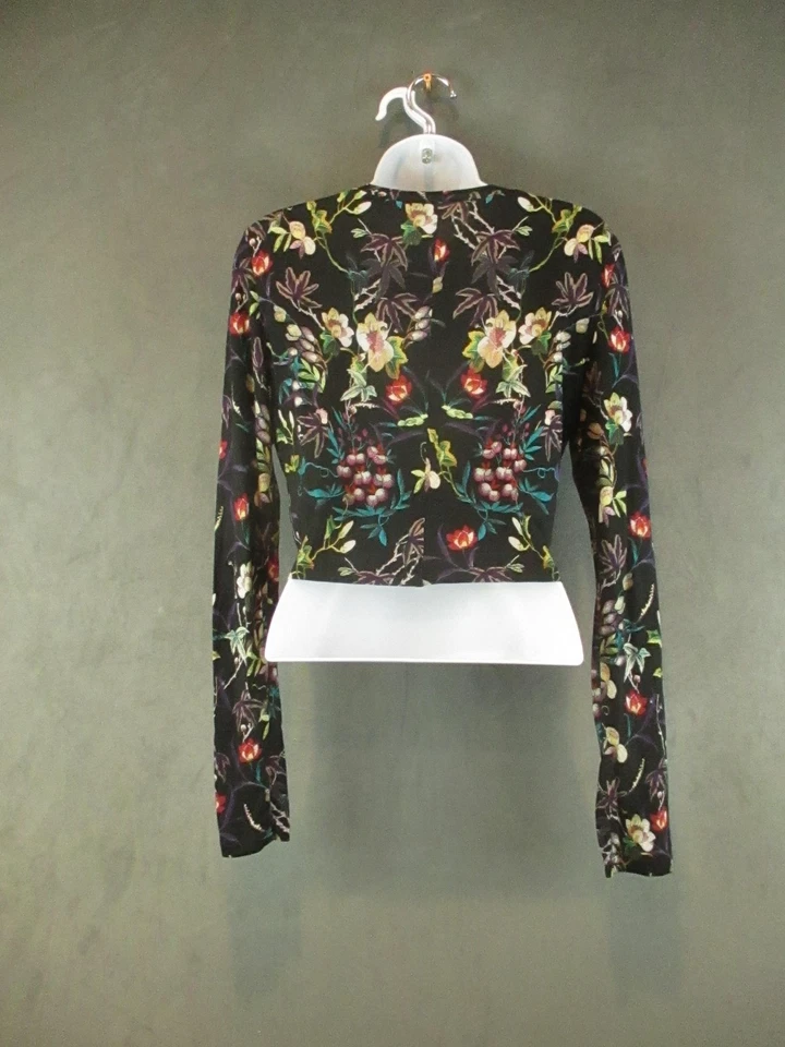 Alice + Olivia Shirt Womens Small Black Floral Crane Print Long Sleeve Cropped - Image 3 of 4