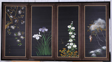 1980s Japanese Silk Byobu "Trees & Flowers" Hand Painted 4-Panel Folding Screen