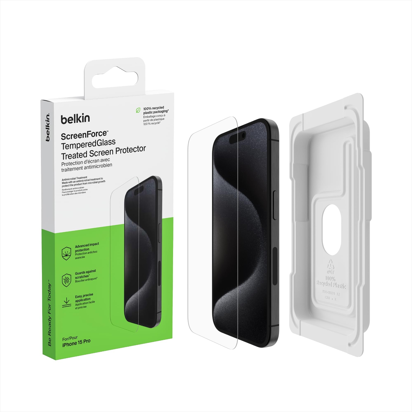 Belkin ScreenForce TemperedGlass Treated Screen Protector for iPhone 15 Pro, Sli