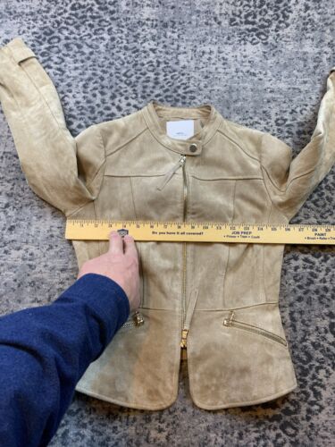 MNG by Mango Tan Natural Leather Moto Jacket Collarless Women size XS Snap Neck - Picture 13 of 23
