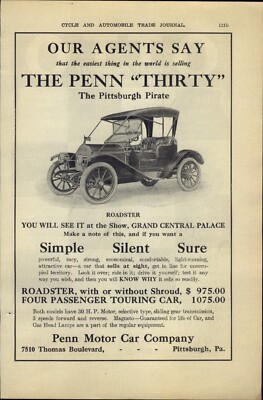1911 PAPER AD CAR AUTO Penn Thirty Automobile Roadster Otto Motor 