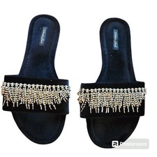 VICTORIA'S SECRET Black Rhinestone Embellished Velvet Slides Size Large
