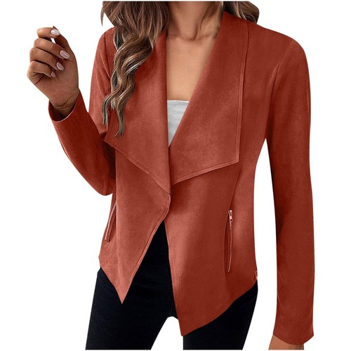Women's Faux Suede Jackets Long Sleeve Open Front Cropped Blazer Coat Outwear - Picture 23 of 32