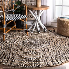 Bohemian Round Jute Cotton Rug Vintage Area Floor Mat Living Room Rag Rug Dhurie